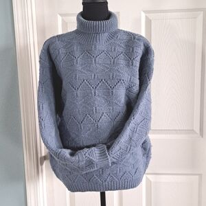 SISLEY Vintage 100% Virgin Wool Chunky Knit Cut Out Turtleneck Pullover Sweater